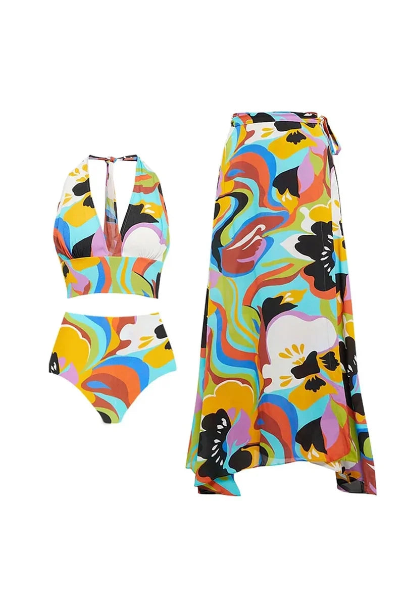 Deep V Halter Neck Print Sexy Swimsuit Set