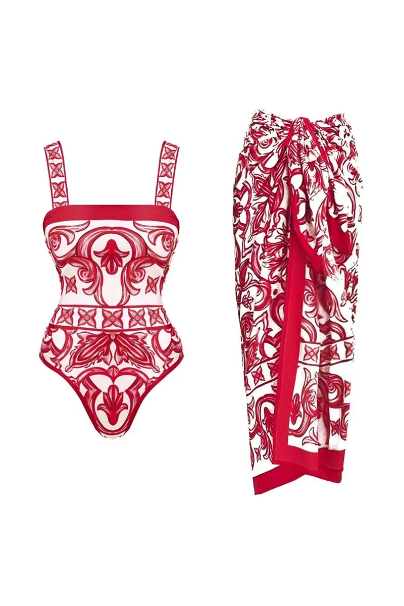 Ethnic Print One-Piece Swimsuit Set