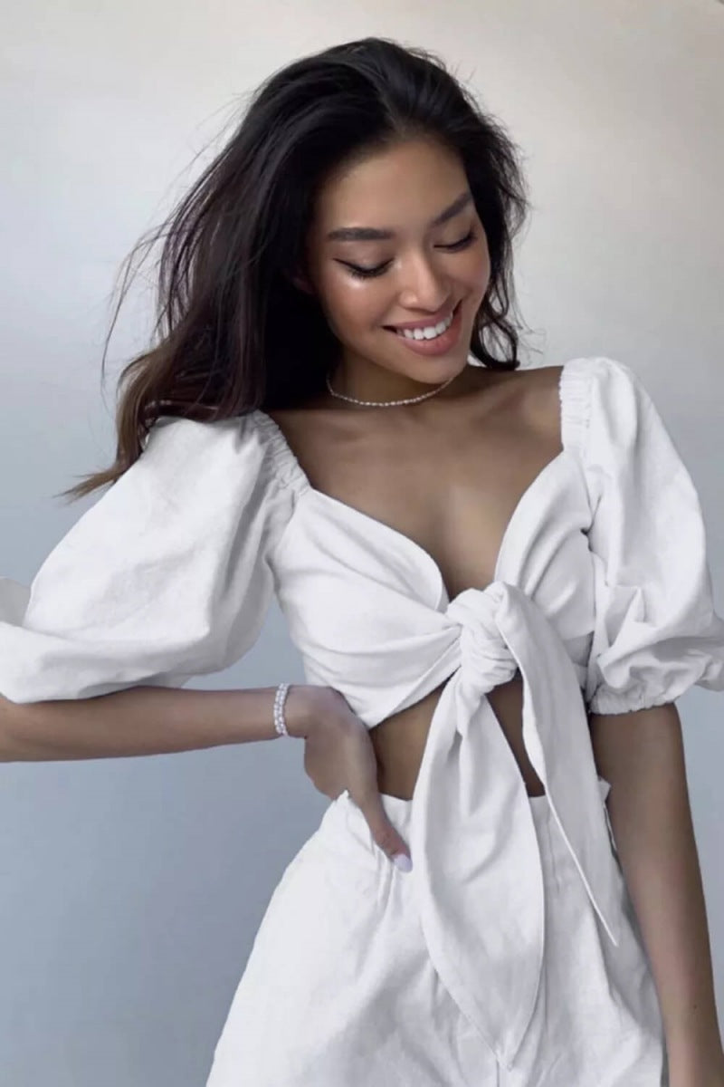Linen Wrap Front Tie Puff Sleeve Shorts Sets In White