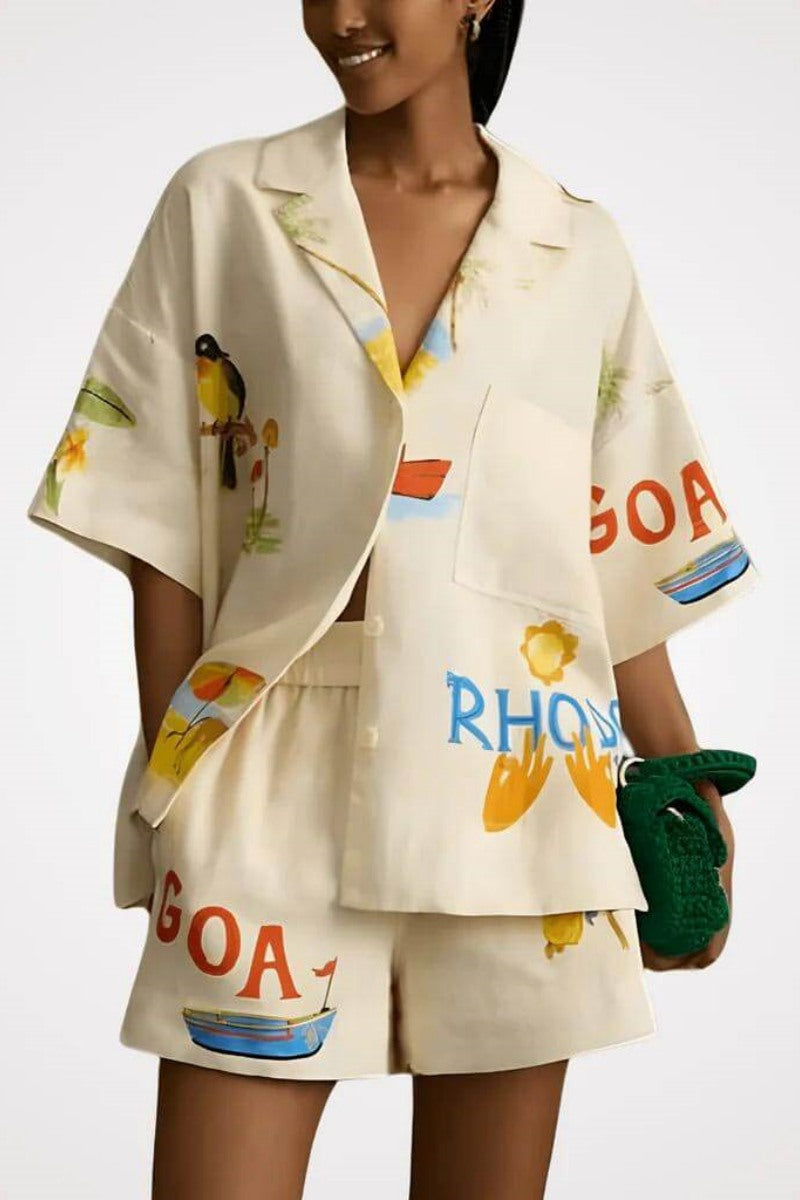 Unique Holiday Folk Floral Print Loose Shorts Two-Piece Set