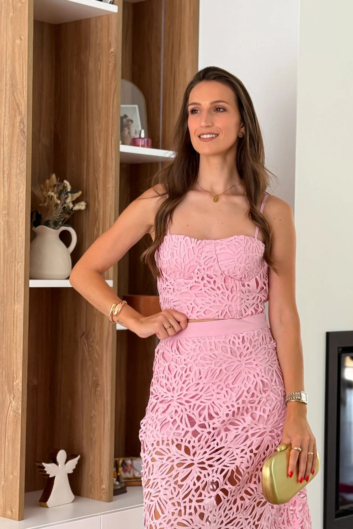 Coral-Pattern Pink Skirt Set