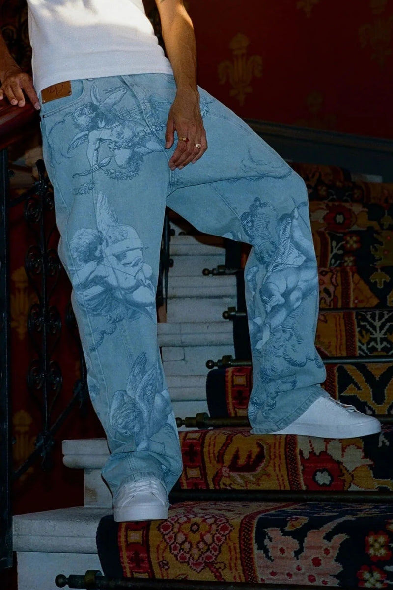 Cupid Print Washed Blue Jeans