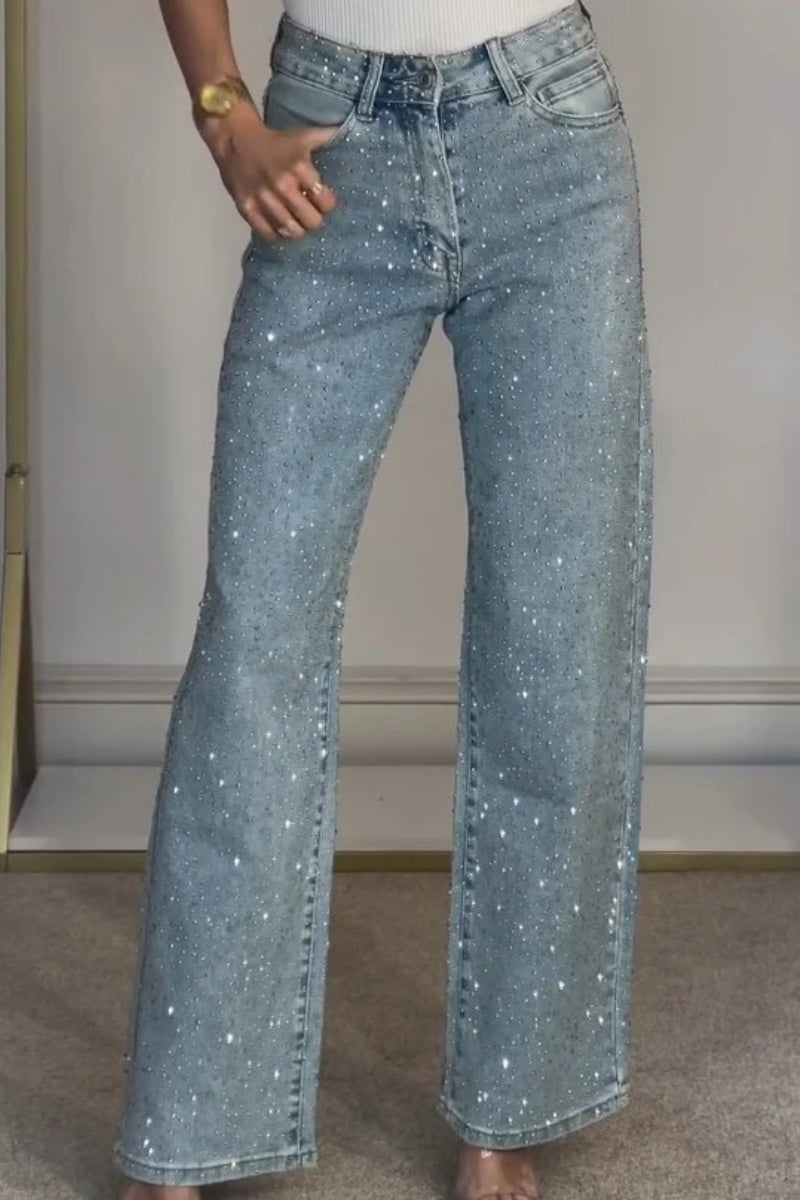 High Waisted Diamanté Straight Leg Jeans