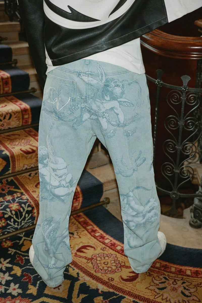 Cupid Print Washed Blue Jeans