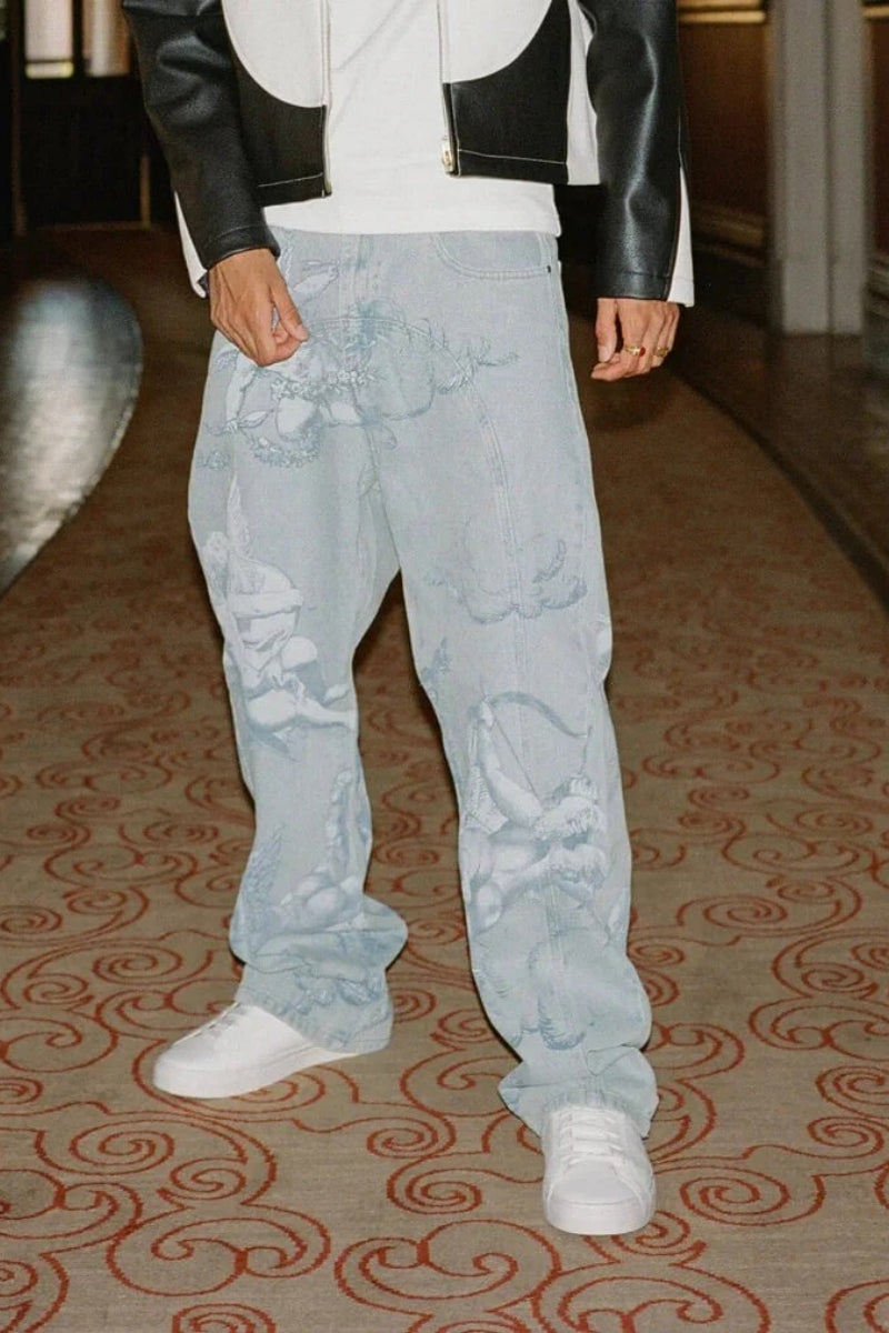 Cupid Print Washed Blue Jeans