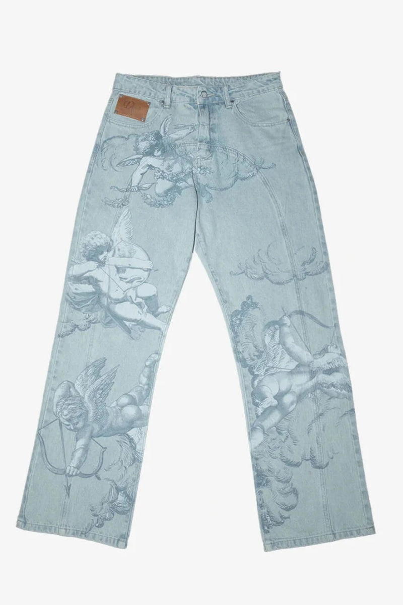 Cupid Print Washed Blue Jeans