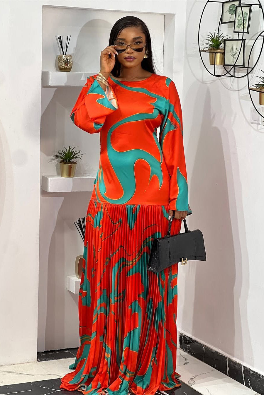 Artistic Print Deep V Pleated Maxi Dress