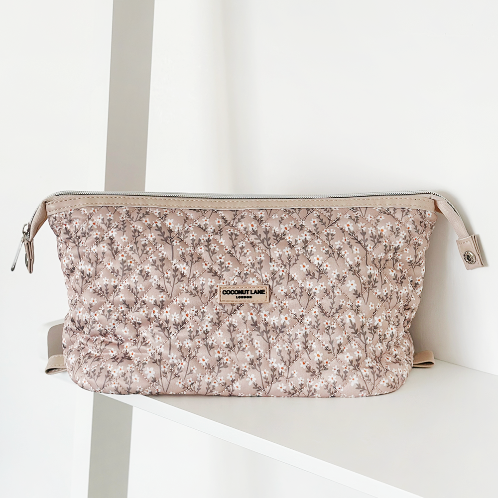 Genişletilebilir Makyaj Çantası - Kapitone Nude Çiçek Desenli