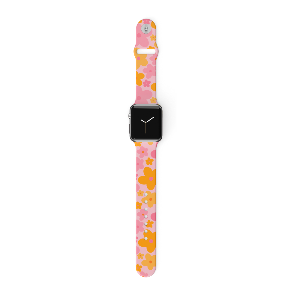 Pembe ve Turuncu Çiçek Desenli Apple Watch Kayışı