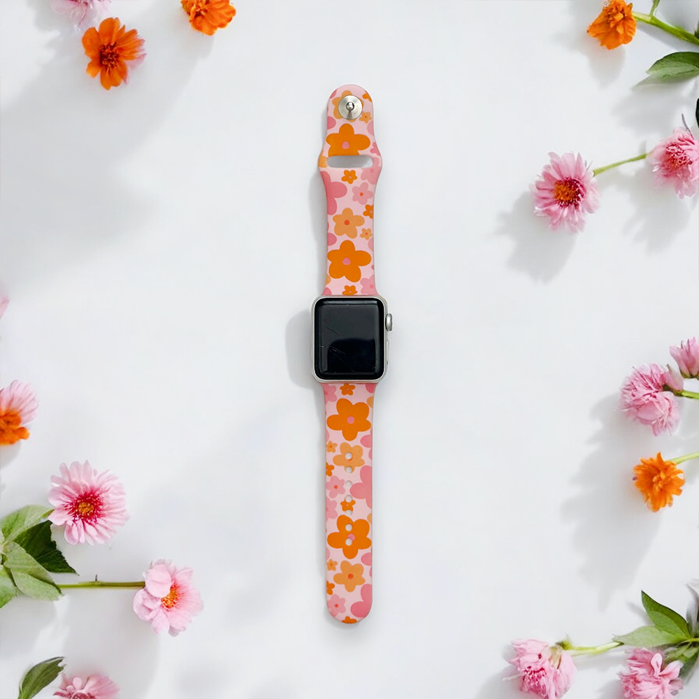 Pembe ve Turuncu Çiçek Desenli Apple Watch Kayışı