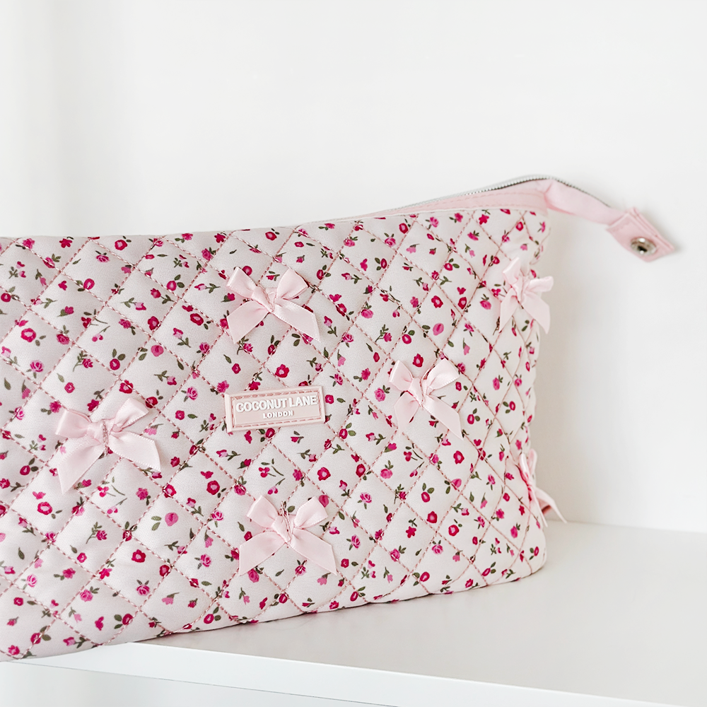 Genişletilebilir Makyaj Çantası - Kapitone Pembe Suluboya Çiçekler